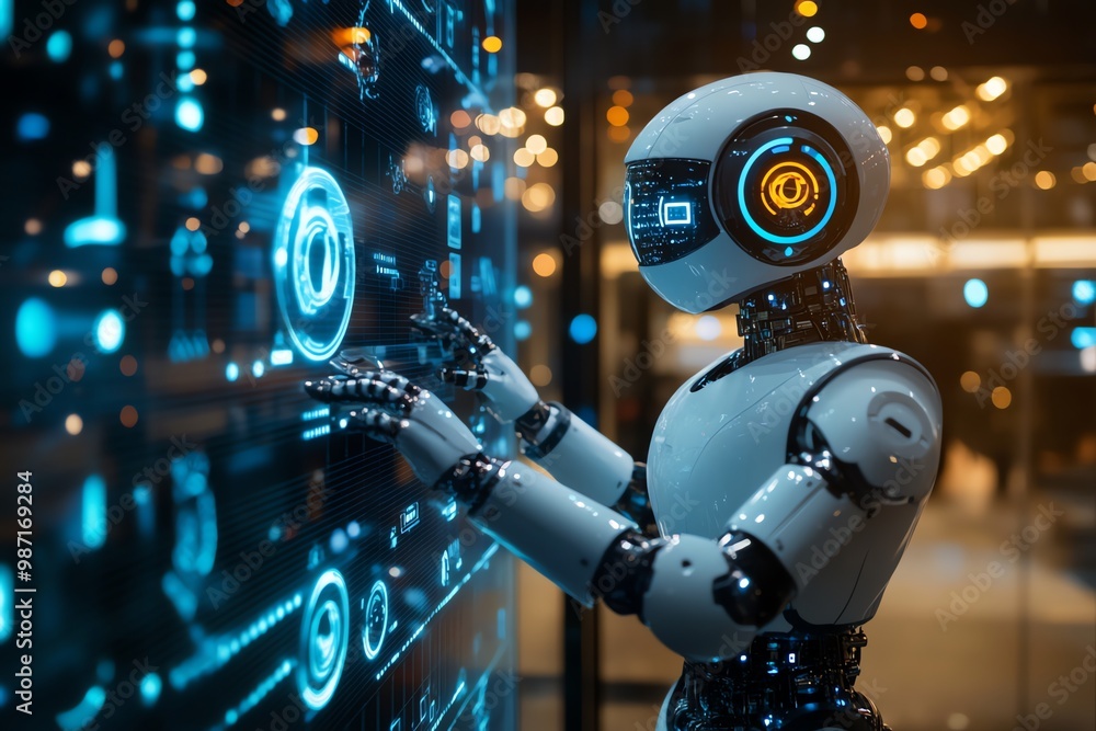 Futuristic robot interacting with a glowing blue interface. Futuristic robot interacting with a glowing blue interface.