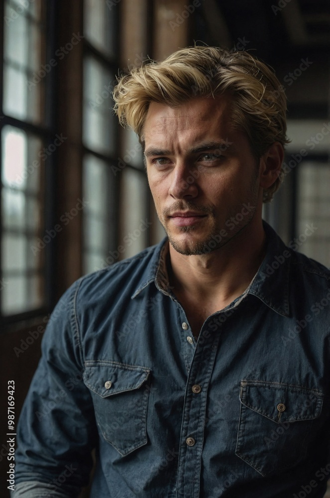 Thoughtful man in stylish denim shirt contemplating life indoors with natural light surrounding him. Thoughtful man in stylish denim shirt contemplating life indoors with natural light surrounding him.