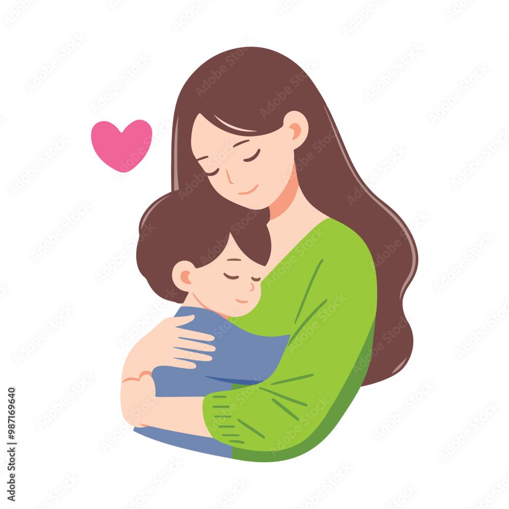 Fototapeta premium Illustration of young mother and cute son hugging 1