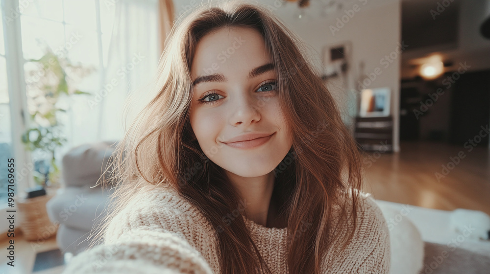 Attractive young woman taking selfie in her apartment Attractive young woman taking selfie in her apartment