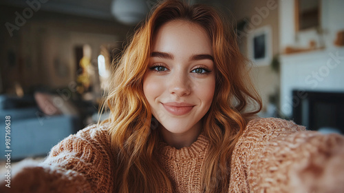 Attractive young woman taking selfie in her apartment