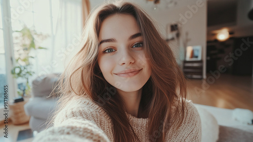 Wallpaper Mural Attractive young woman taking selfie in her apartment Torontodigital.ca