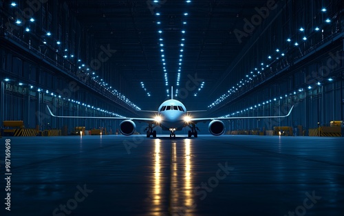 Airplane in a well-lit hangar, showcasing modern aviation technology.