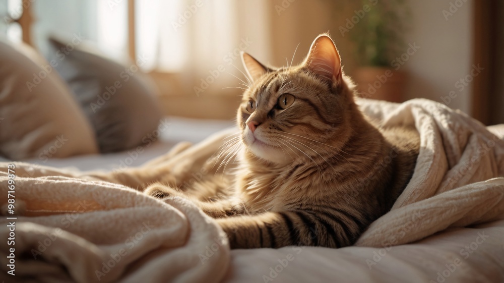 A cat stretching lazily on a soft bed, eyes half-closed A cat stretching lazily on a soft bed, eyes half-closed