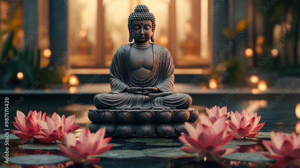 peaceful buddha statue with lotus flowers on modern altar in well-lit room, representing spiritual awakening ideal for banner on the theme peaceful buddha statue with lotus flowers on modern altar in well-lit room, representing spiritual awakening ideal for banner on the theme