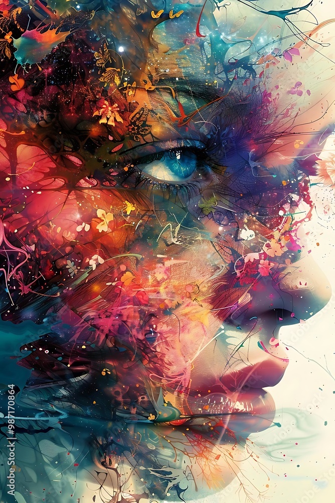 Fototapeta premium A vibrant, abstract portrayal of a face blending with colorful patterns and textures.