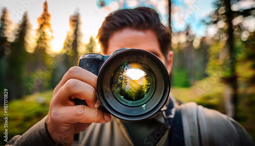  Photography camera lens concept. Photography view camera photographer lens forest trees lens 