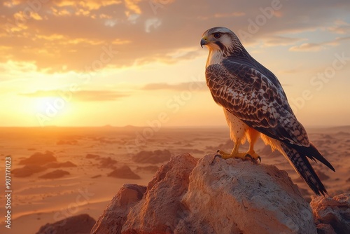 A majestic falcon perched on a rocky outcrop during a stunning sunset in the desert, capturing nature's beauty and serenity.