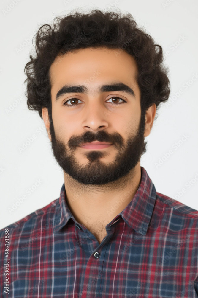 Fototapeta premium Portrait für Ausweis - Junger Mann mit Hemd und Bart