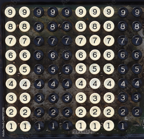 Close-up of the numbers on the adding machine. 
Black and white buttons with numbers one through nine photo