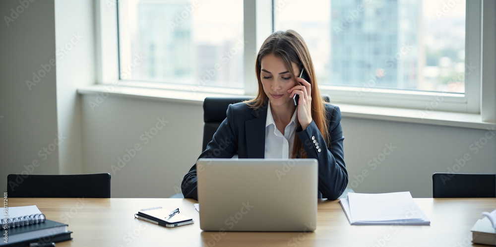 A business woman is discussing a new strategy over the phone in a bright and productive office (with copy space). A business woman is discussing a new strategy over the phone in a bright and productive office (with copy space).