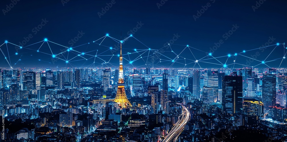 Fototapeta premium Illuminated skyscrapers and network connections above a nighttime city skyline.