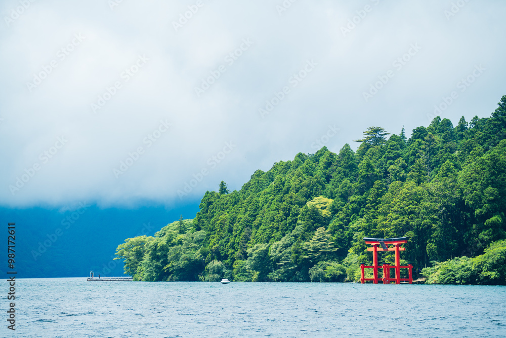 Beautiful serene lake with lush green forest and torii gate