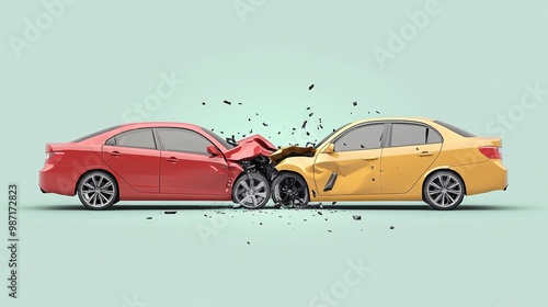 Clean vector design of two cars colliding in a side-impact accident shown in bright colors with simple shapes representing the crash scene Large space for text in center Stock Photo with copy space