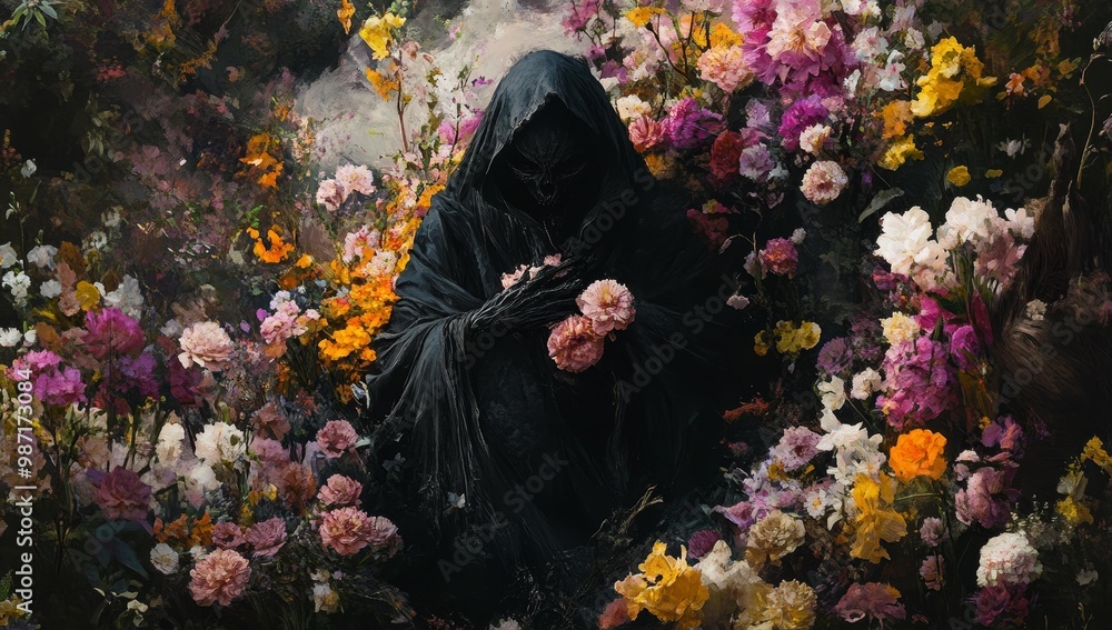 Fototapeta premium Dark figure surrounded by colorful flowers.