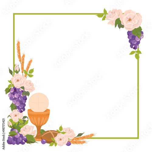 Square frame with first communion symbols. Vector. Composition from a golden bowl for wine, bread, wine, grapes, white roses. Beautiful design elements for an invitation to the Holy Eucharist.