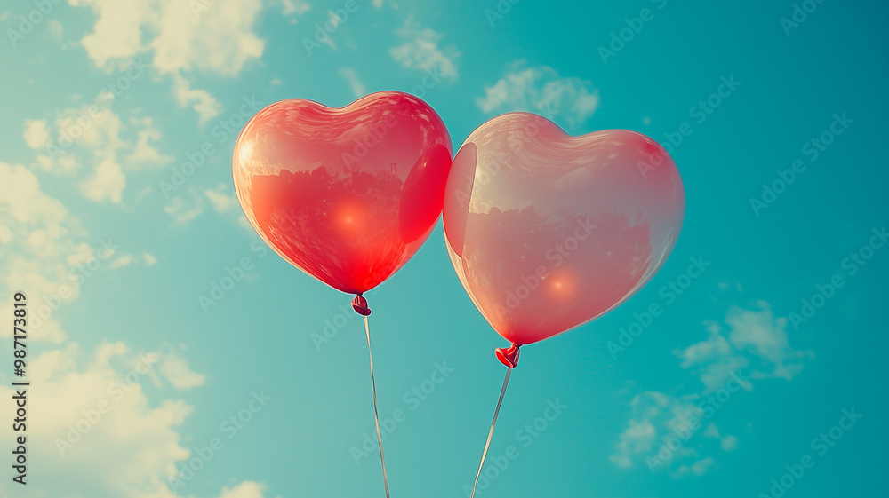 Romantic Heart-Shaped Balloons Floating in a Clear Blue Sky with Cloudy Horizon Romantic Heart-Shaped Balloons Floating in a Clear Blue Sky with Cloudy Horizon