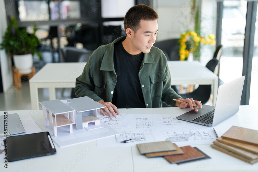 Architecture Man drawing on architectural Creative project business architecture building construction Industrial engineering Achievement Planning Design on eco blueprint