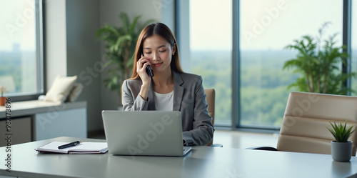 A  business woman is discussing a new strategy over the phone in a bright and productive office (with copy space).