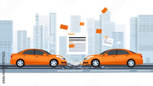 Flat vector illustration of a car accident on a city street with both vehicles lightly damaged and floating insurance documents highlighting post-accident services Large space for text in center