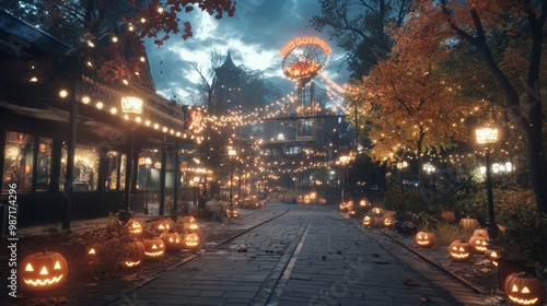 Haunted carnival ride surrounded by glowing jack-o-lanterns and ghostly figures set in an abandoned