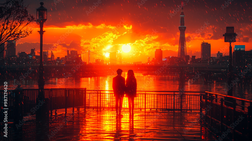 Romantic Couple Holding Hands on a Bridge During a Fiery Sunset in the Rain Romantic Couple Holding Hands on a Bridge During a Fiery Sunset in the Rain