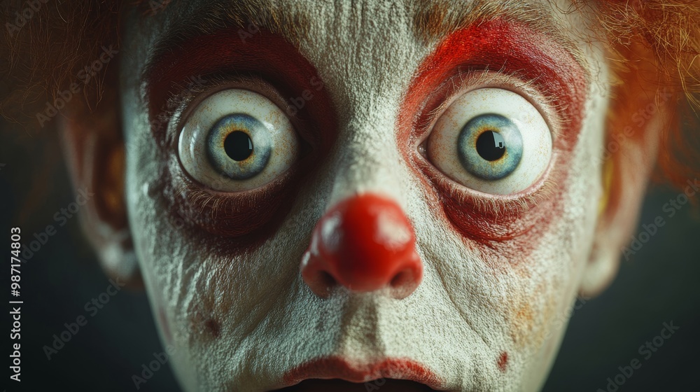 A creepy clown with red and white makeup and a red nose A creepy clown with red and white makeup and a red nose