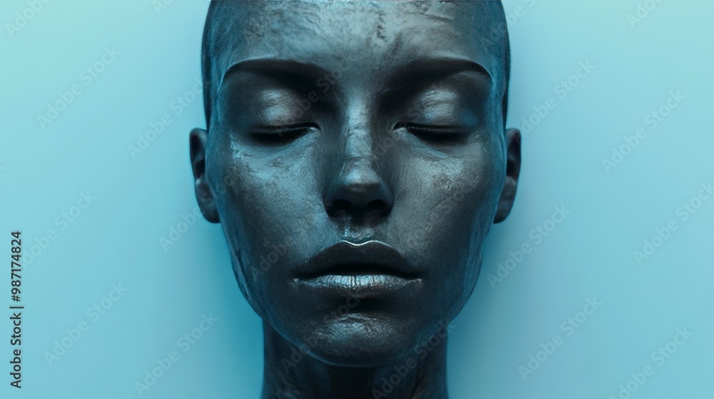 A woman's face is painted with silver paint A woman's face is painted with silver paint