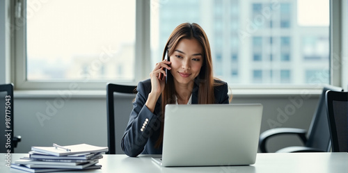 A  business woman is discussing a new strategy over the phone in a bright and productive office (with copy space).