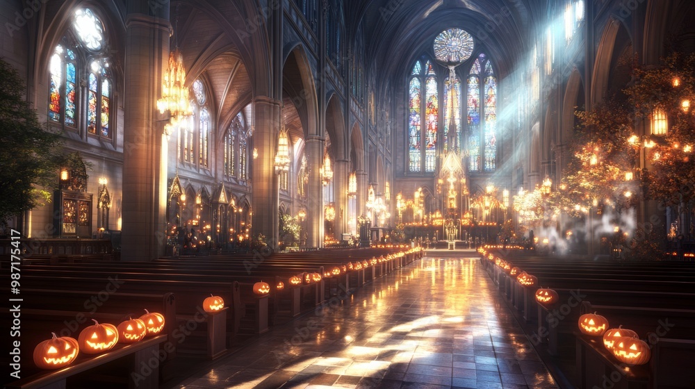 Haunted cathedral with flickering jack-o-lanterns lining the pews eerie shadows cast by stained glass windows Haunted cathedral with flickering jack-o-lanterns lining the pews eerie shadows cast by stained glass windows