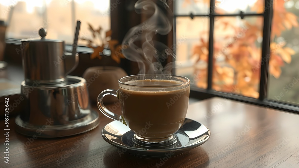 Hot Espresso in Cozy Cafe with Autumn Window View Hot Espresso in Cozy Cafe with Autumn Window View