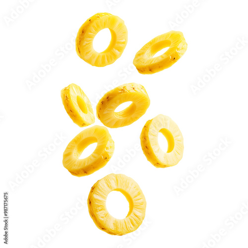 Falling Juicy Pineapple Rings on Transparent Background, Perfect for Tropical, Fresh Food and Beverage Designs