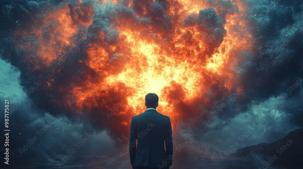 A man stands in front of a huge explosion, looking up at the sky A man stands in front of a huge explosion, looking up at the sky