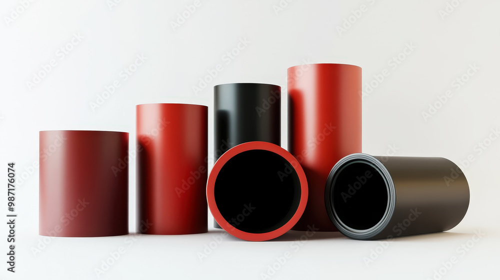 Cylinders podiums of red, brown and black colours, clean background. Industrial or product template. Generative AI Cylinders podiums of red, brown and black colours, clean background. Industrial or product template. Generative AI