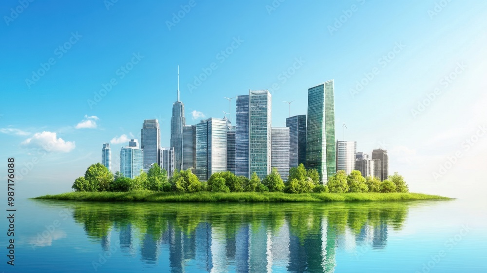 A sustainable cityscape with green buildings powered by renewable energy under a clear blue sky A sustainable cityscape with green buildings powered by renewable energy under a clear blue sky