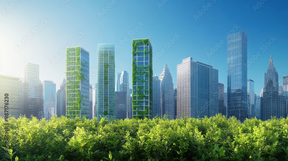 A sustainable cityscape with green buildings powered by renewable energy under a clear blue sky A sustainable cityscape with green buildings powered by renewable energy under a clear blue sky