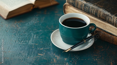 Teal coffee cup on a saucer with a fountain pen resting beside vintage books on a worn teal surface, evoking a classic and intellectual ambiance