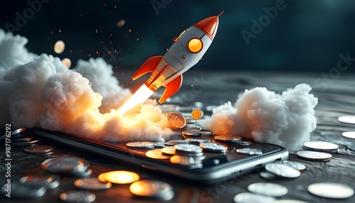 Rocket launch symbolizing business growth with silver coin on mobile phone, representing trading and innovative startup concepts photo