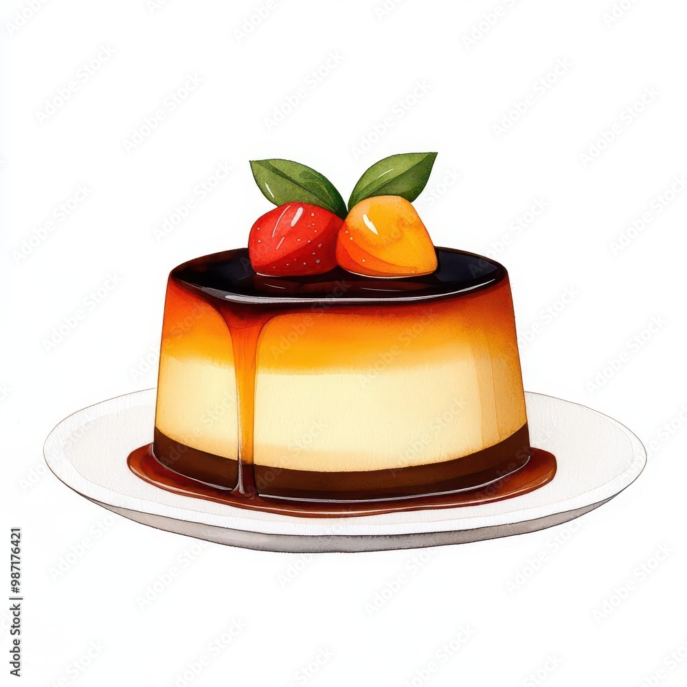 Delicious dessert with caramel layer and fresh fruits on a white plate, white background. Delicious dessert with caramel layer and fresh fruits on a white plate, white background.
