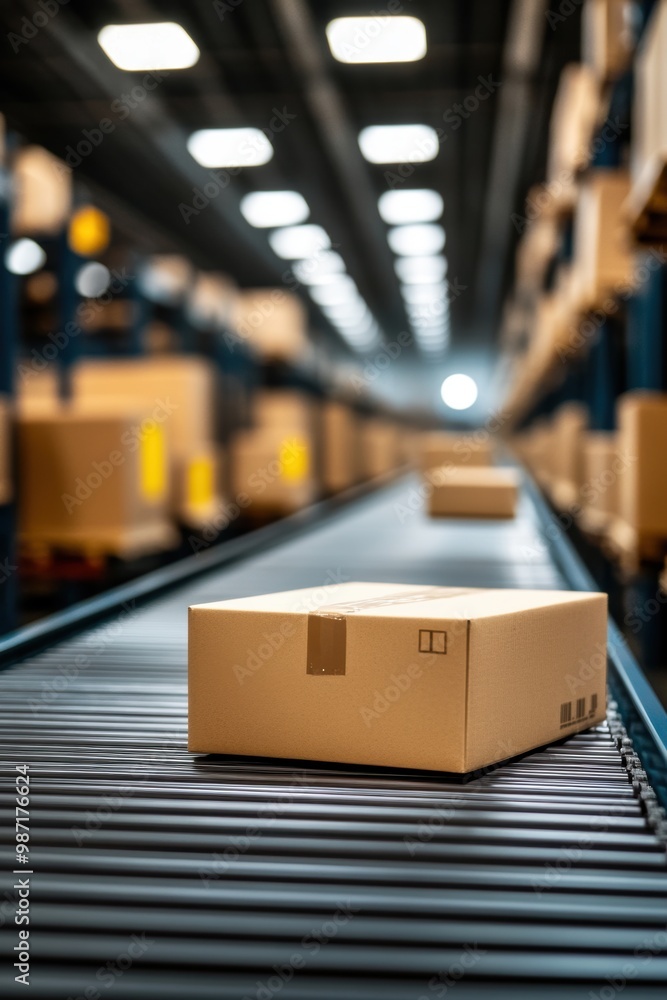 A conveyor belt in a busy warehouse, transporting packages efficiently to various sorting areas A conveyor belt in a busy warehouse, transporting packages efficiently to various sorting areas