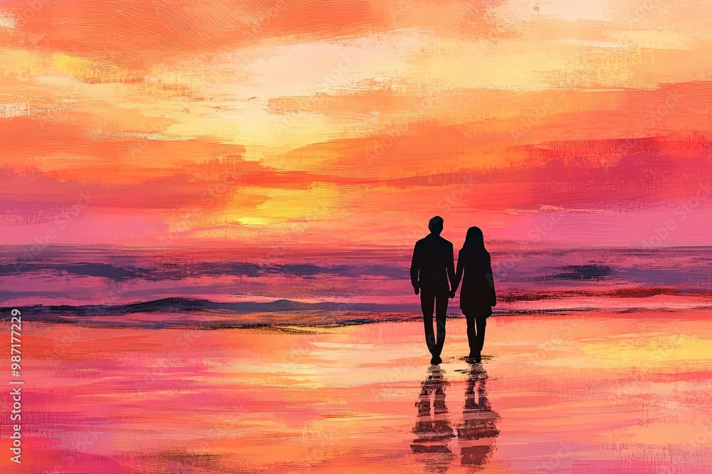 Romantic couple strolling on a vibrant sunset beach with colorful sky reflections. Romantic couple strolling on a vibrant sunset beach with colorful sky reflections.