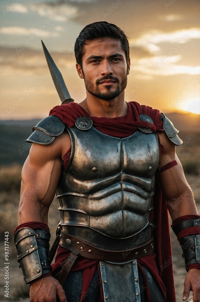 A young Spartan warrior stands confidently under a sunset, showcasing his armor and strength in a historical landscape. A young Spartan warrior stands confidently under a sunset, showcasing his armor and strength in a historical landscape.
