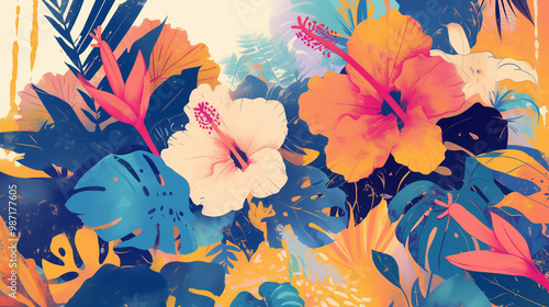 contemporary abstract arts, tropical flowers plants, nature, pop colors, summer, hibiscus, bunga raya
