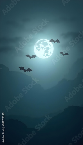 Bats soar through the night sky near a glowing full moon over shadowy mountains