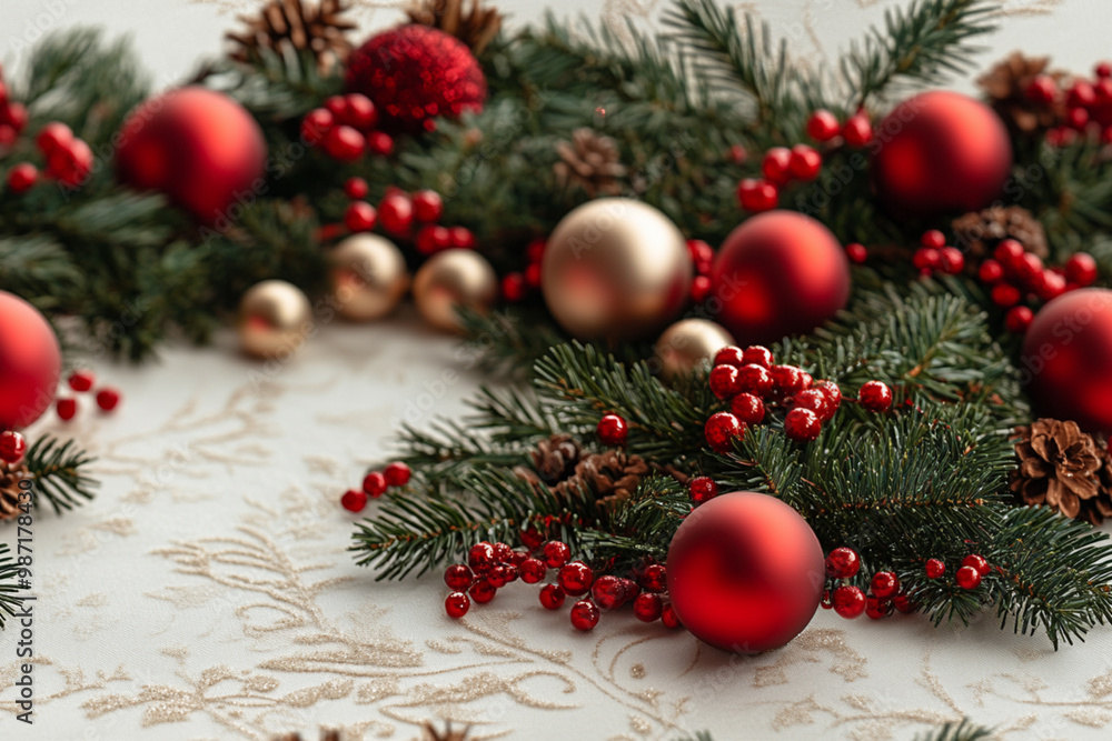 A white table with a red and gold wreath of Christmas tree branches and red A white table with a red and gold wreath of Christmas tree branches and red