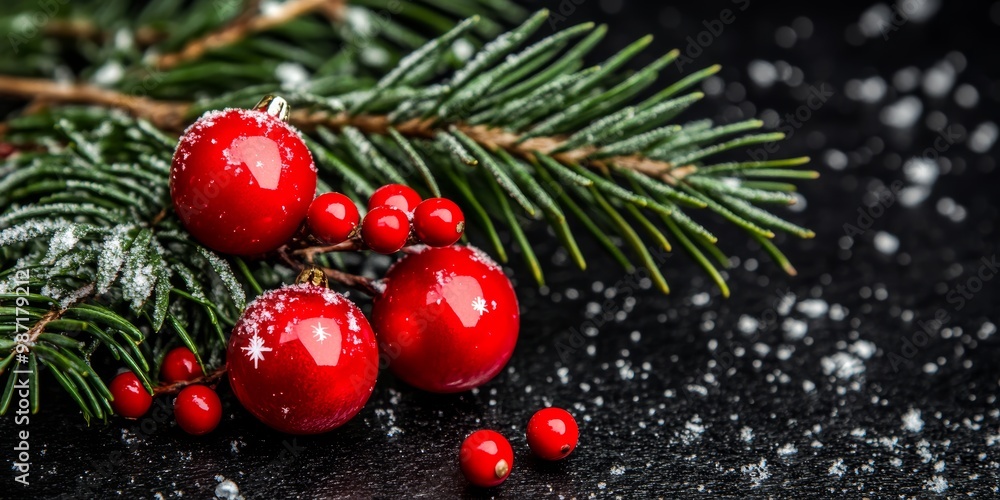 Red Christmas ornaments rest among pine branches lightly dusted with snow against a dark backdrop, capturing holiday spirit Red Christmas ornaments rest among pine branches lightly dusted with snow against a dark backdrop, capturing holiday spirit