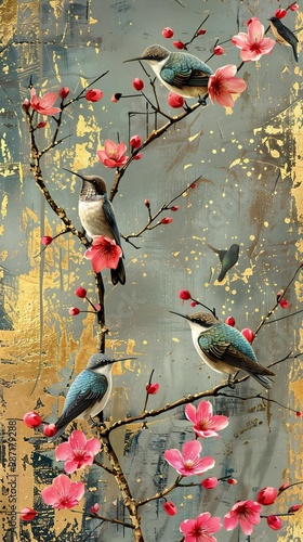 birds on a branch painting in chinoiseries style	