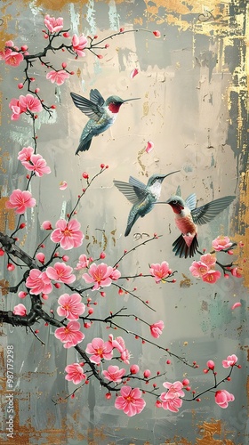 birds on a branch painting in chinoiseries style	