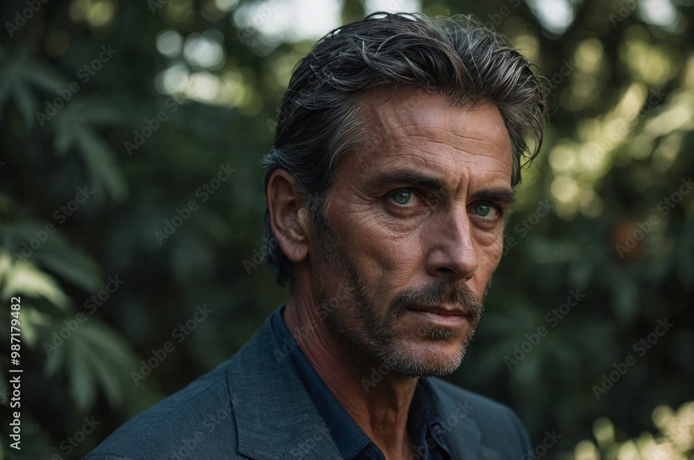 A tall athletic man stands in nature with a serious expression during the daytime, surrounded by lush greenery and natural beauty. A tall athletic man stands in nature with a serious expression during the daytime, surrounded by lush greenery and natural beauty.