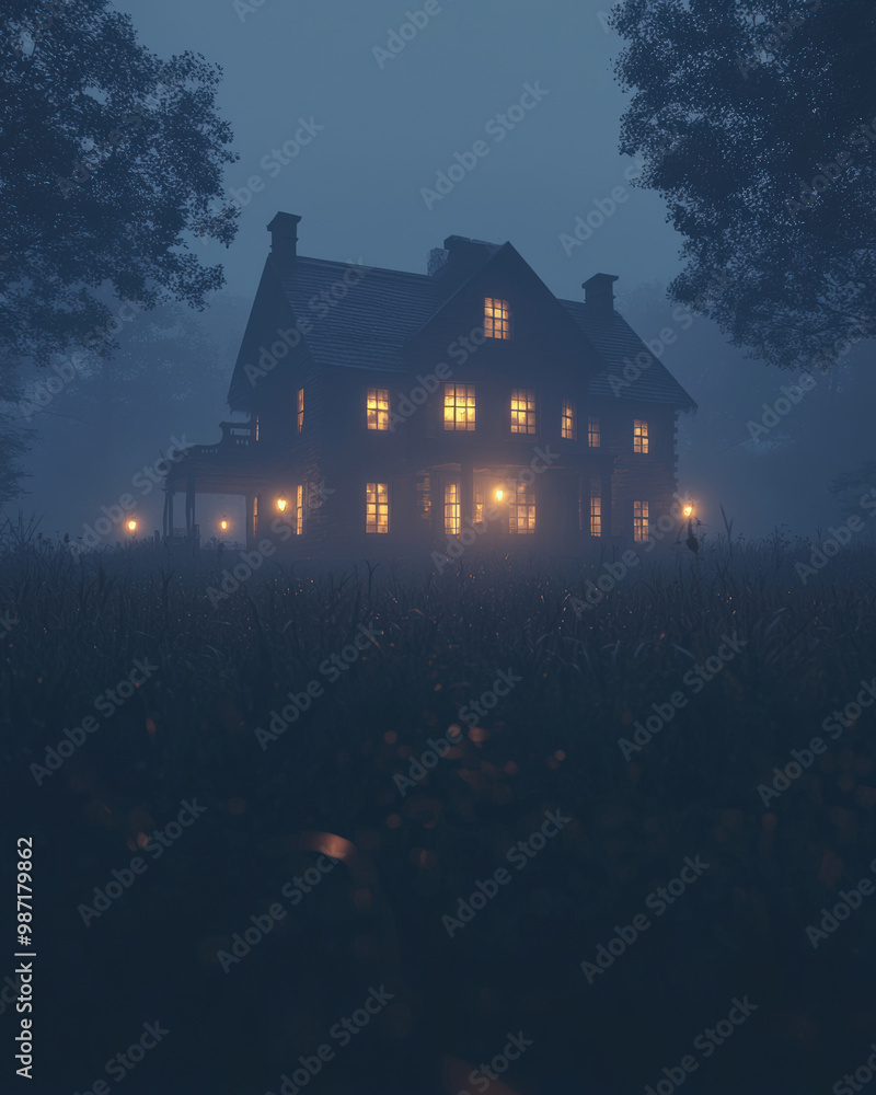 haunted house surrounded by fog, glowing warmly at night haunted house surrounded by fog, glowing warmly at night